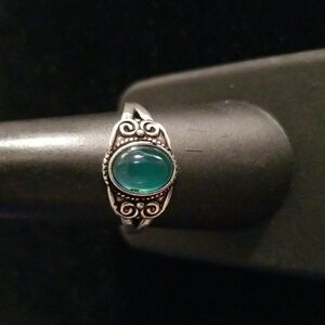 Petite Dainty Green Chalcedony Cabochon Ring in Detailed Setting